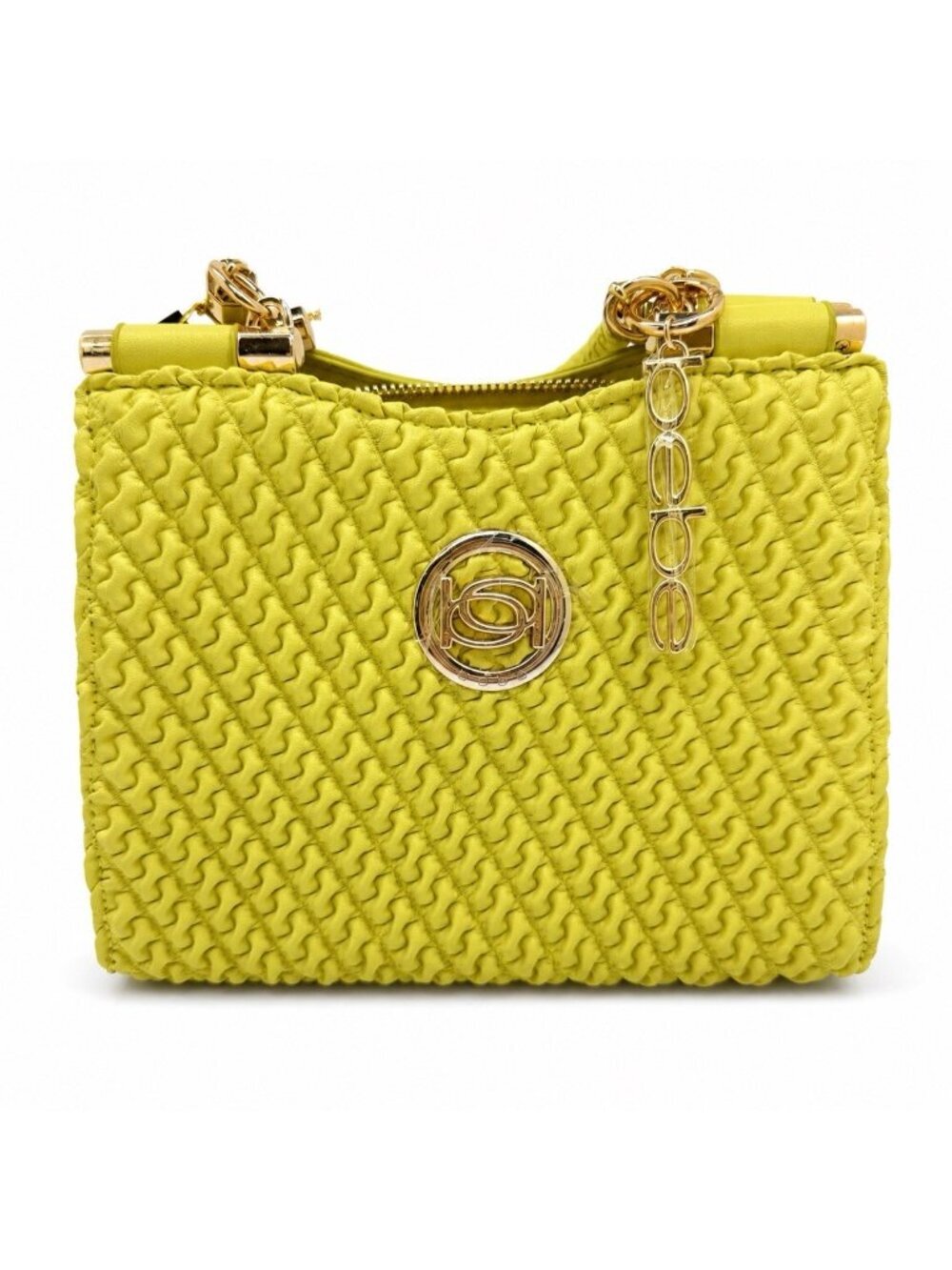 bebe Erika Mini Shopper Tote Bag Yellow Lemon Woven Quilted Braided Handle NWT